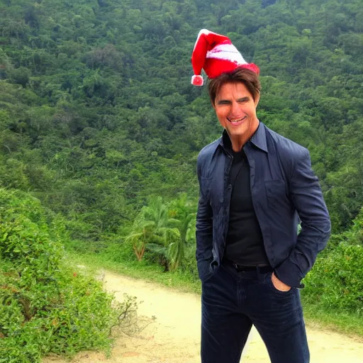 Prompt: tom cruise in costume with a christmas hat. tropical forest in the background