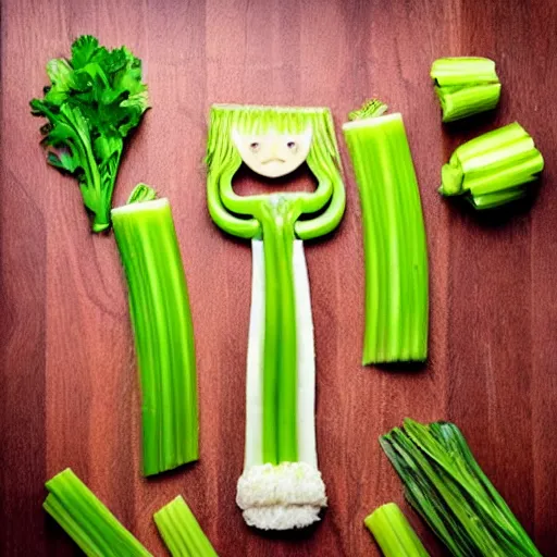 Image similar to selena gomez made out of celery, a human face with celery for hair, celery in the shape of a human face, a bunch of celery sitting on a cutting board, professional food photography