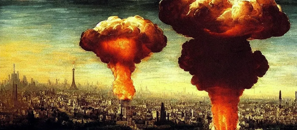 Prompt: nuclear mushroom cloud over the city of paris!!! renaissance painting!! majestic!! sad!