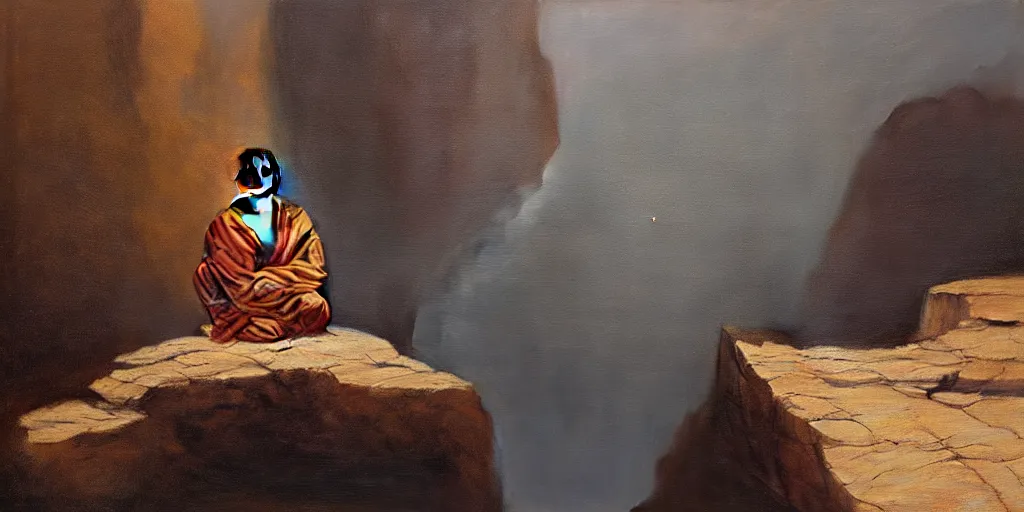 Image similar to A cliff with a narrow ledge looks out onto a vast ocean a monk sits on the ledge in the lotus position, cinematic lighting, detailed oil painting, hyperrealistic, 8k