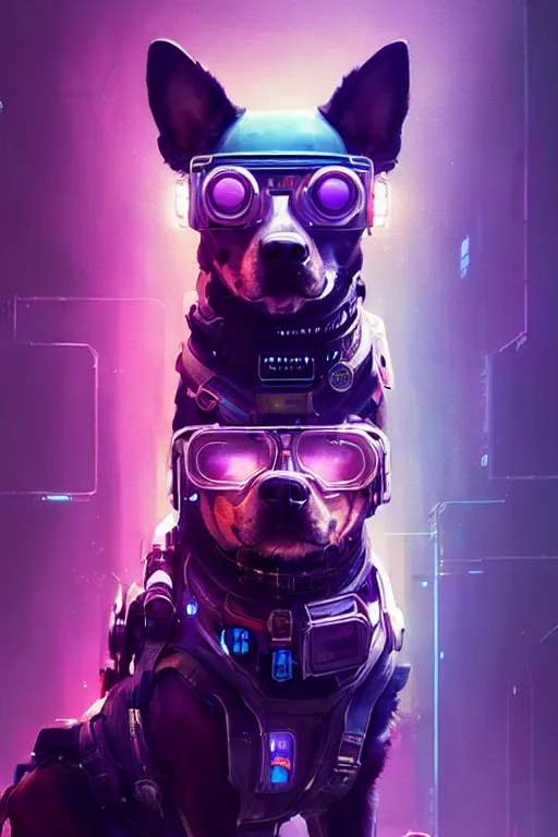 Image similar to a beautiful portrait of a cute cyberpunk dog by greg rutkowski and wlop and sandra chevrier, purple blue color scheme, high key lighting, volumetric light, digital art, highly detailed, fine detail, intricate, ornate, complex, octane render, unreal engine, photorealistic