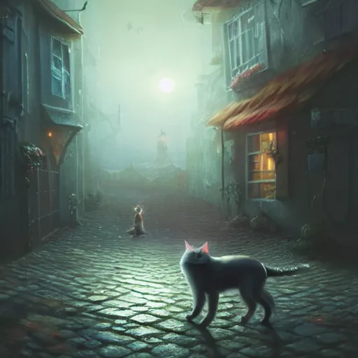 Image similar to Portraiture of Misty-Mitzy the Moon Moggy, huggy wuggy from poppy playtime video game sneaking through the streets of a medieval village at night, glowing lights, oil painting, Greg Rutkowski, Charlie Bowater, Beeple, unreal 5, DAZ, hyperrealistic, octane render, RPG portrait, dynamic lighting, fantasy art, beautiful face