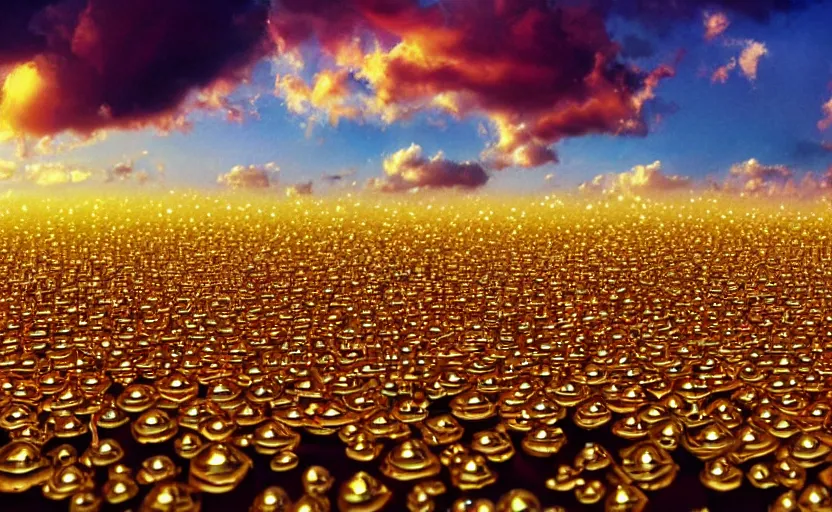 Image similar to golden clouds floating above computer keyboards made of rainbow drops, # vfxfriday, hdr