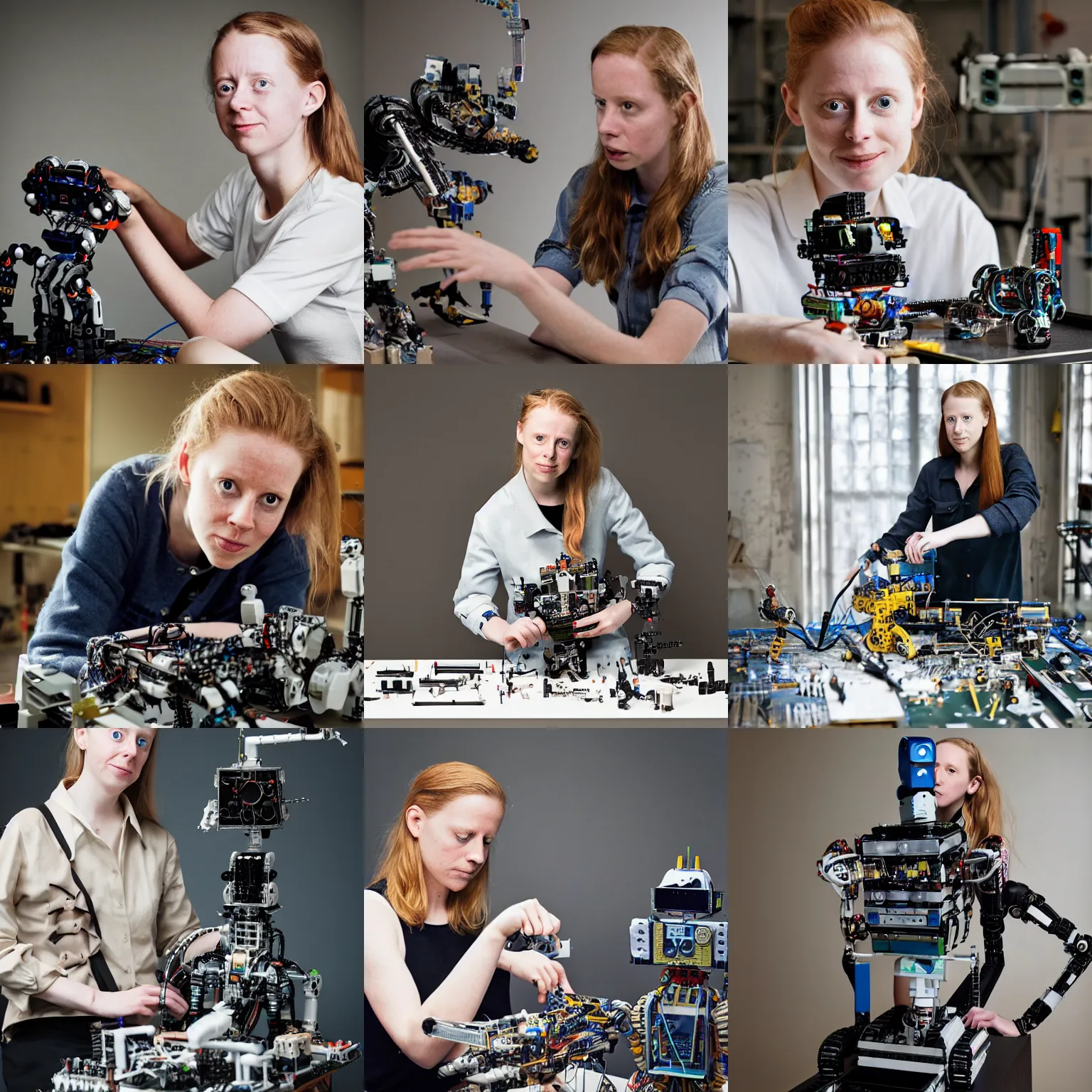 Prompt: simone giertz building a robot, portrait photography by annie leibovitz