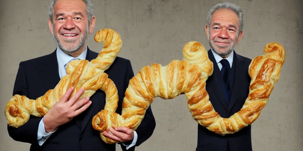 Image similar to long arms. really long arms. very long arms, arms. alan sugar with really long arms holding some pastry pets. long arms. stretched limbs. pastry sheep, pastry lizard