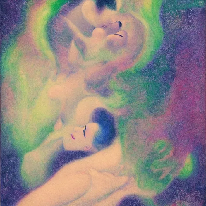 Image similar to close portrait of woman and man kissing. aurora borealis. iridescent, psychedelic colors. painting by balthus, agnes pelton, utamaro, monet