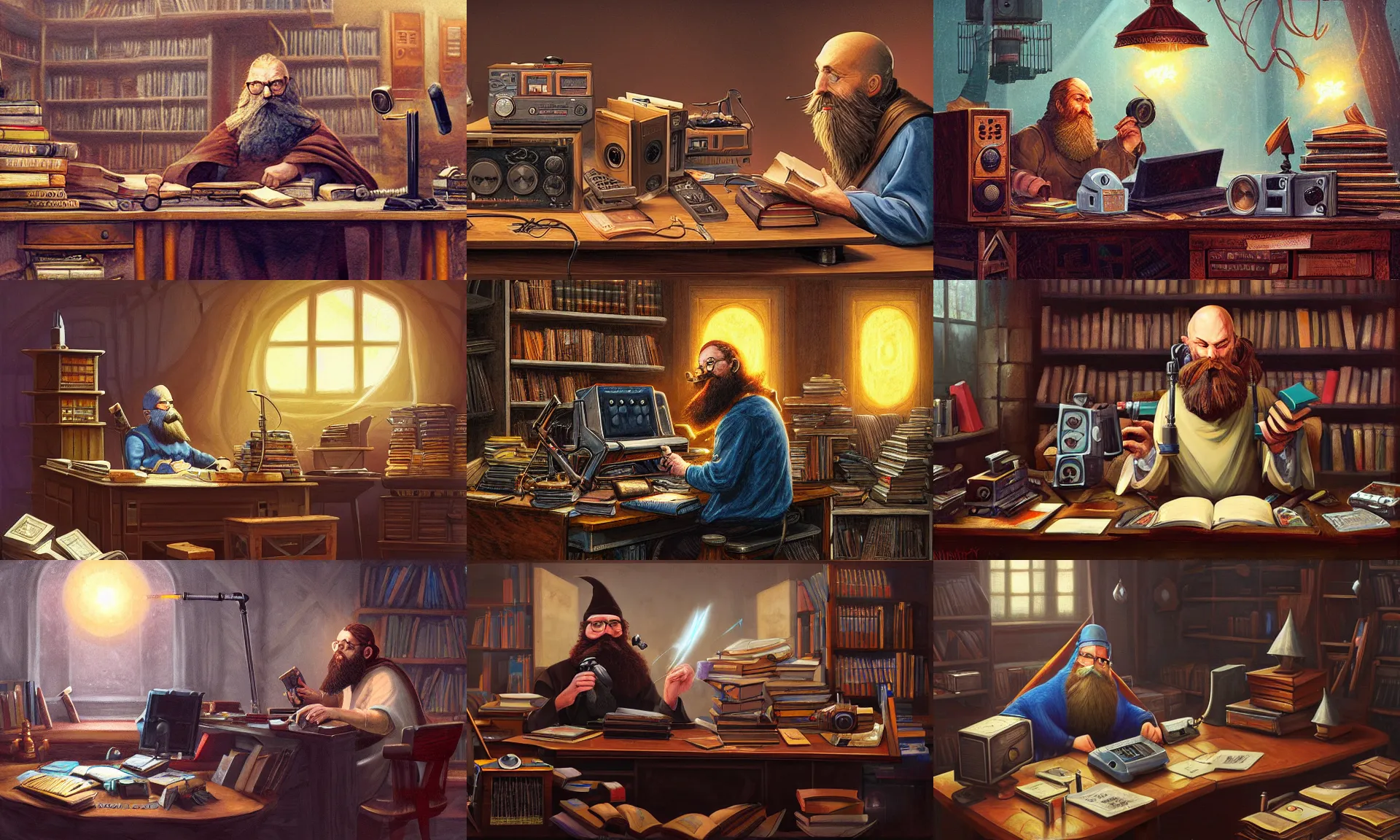 Prompt: A bearded wizard uses radio equipment at a desk cluttered with tomes, by Noah Bradley