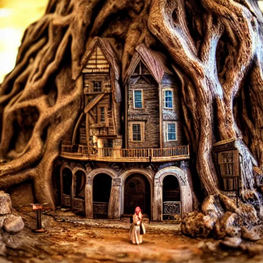 Image similar to miniature Renaissance village inside of a carved out giant oak tree, ultrarealistic, cinematic, highly detailed, dramatic lighting, award winning photography, 8k