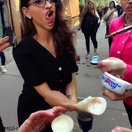 Image similar to candid photo of news female anchor face full of chocolate cream, mess, report on street