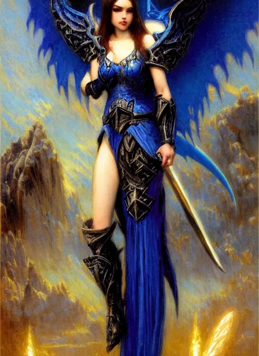 Image similar to angel knight gothic girl in dark and blue dragon armor. by gaston bussiere