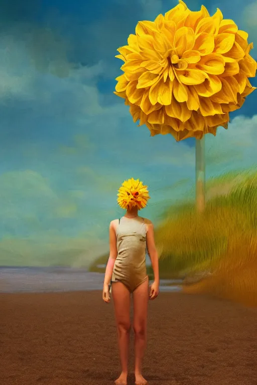 Image similar to closeup girl with huge yellow dahlia flower head, on beach, surreal photography, blue sky, sunrise, dramatic light, impressionist painting, digital painting, artstation, simon stalenhag