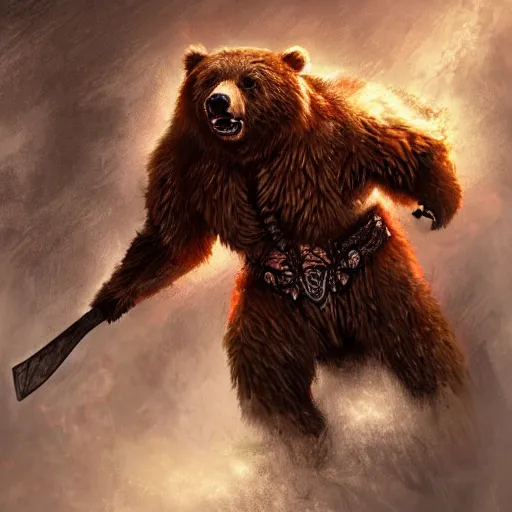 Image similar to Anthropomorphized Roaring Bear in full armor carrying big Axe, full body, menacing pose, concept art, insanely detailed and intricate, hypermaximalist, elegant, ornate, hyper realistic, super detailed, tribal red atmosphere, Art Deco, cinematic, trending on artstation, magic the gathering artwork