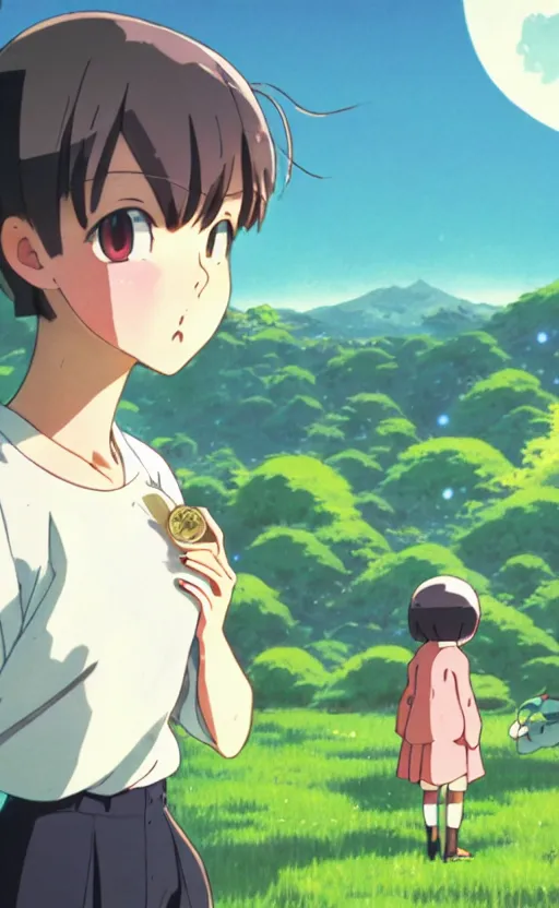 Prompt: a pocket monster go card from 1 9 5 0, illustration, adult beetle trainer girl, clear sky background, lush landscape, concept art, anime key visual, trending pixiv fanbox, by wlop and greg rutkowski and makoto shinkai and studio ghibli and kyoto animation, realistic anatomy, symmetrical facial features, short hair, hair down