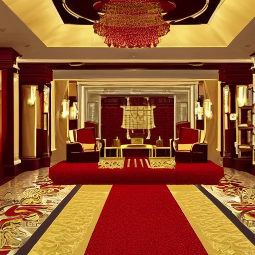 Image similar to isometric view of a lavish hotel lobby, full of cherrywood and red carpet and golden accents on the walls, high quality, digital art, room design