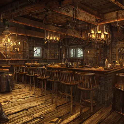 Image similar to Realistic Interior Concept design of very very very highly detailed Tavern in Mixed style of Medieval and in style of Cyberpunk, Many details by Hiromasa Ogura. More cyberpunk a lot less Medieval. Panorama 360 degrees Rendered in unreal engine 5, artstationHD, 4k, 8k, 3d render, 3d Houdini, cinema 4d, octane RTX volumetric natural light
