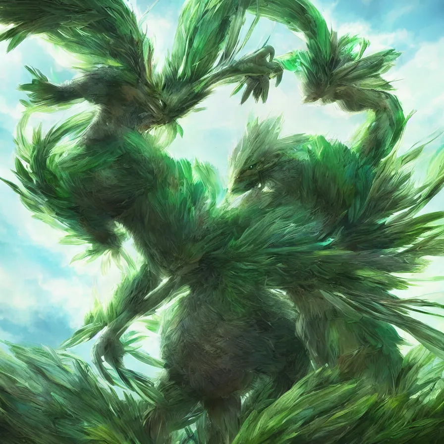 Image similar to a cute beautiful earth type pokemon, green feathers bursting out of his hair, full body shot, highly detailed digital art, 3 d perspective, award - winning illustration, aesthetic, smooth, pokemon style, made by greg rutkowski, with an alien landscape in the background