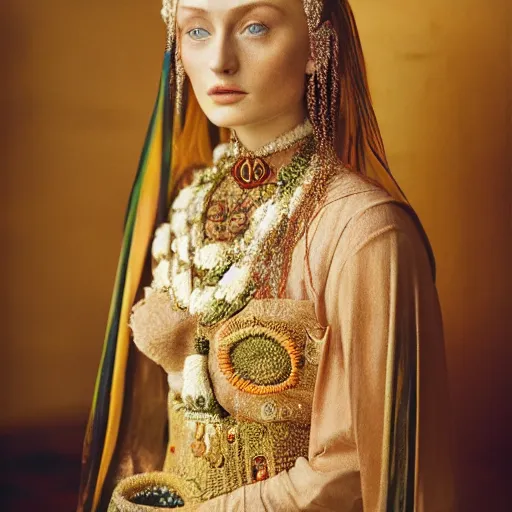 Prompt: 3 5 mm coloured film portrait of sophie turner as javanese bride, hyperrealism, photorealistic, detailed, atmospheric, 8 k, award winning photography, cinematic