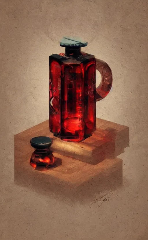 Image similar to a beautiful painting illustration of a stylized health potion on a wooden table, scratched vial, high contrast, crimson, by greg rutkowski, featured on artstation, rpg item