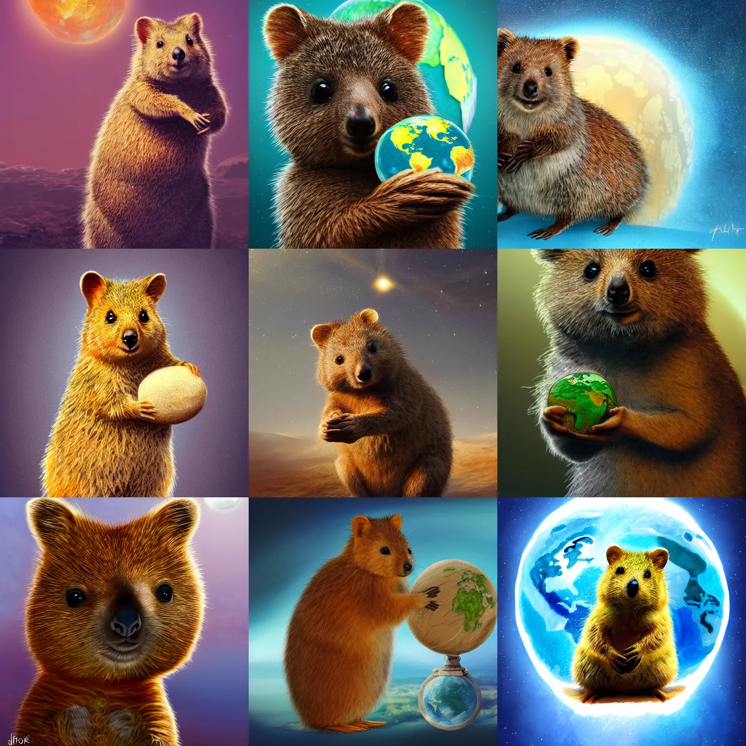 Prompt: photo of a quokka holding the planet, intricate, highly detailed, digital painting, artstation, concept art, smooth, sharp focus, illustration, vfx