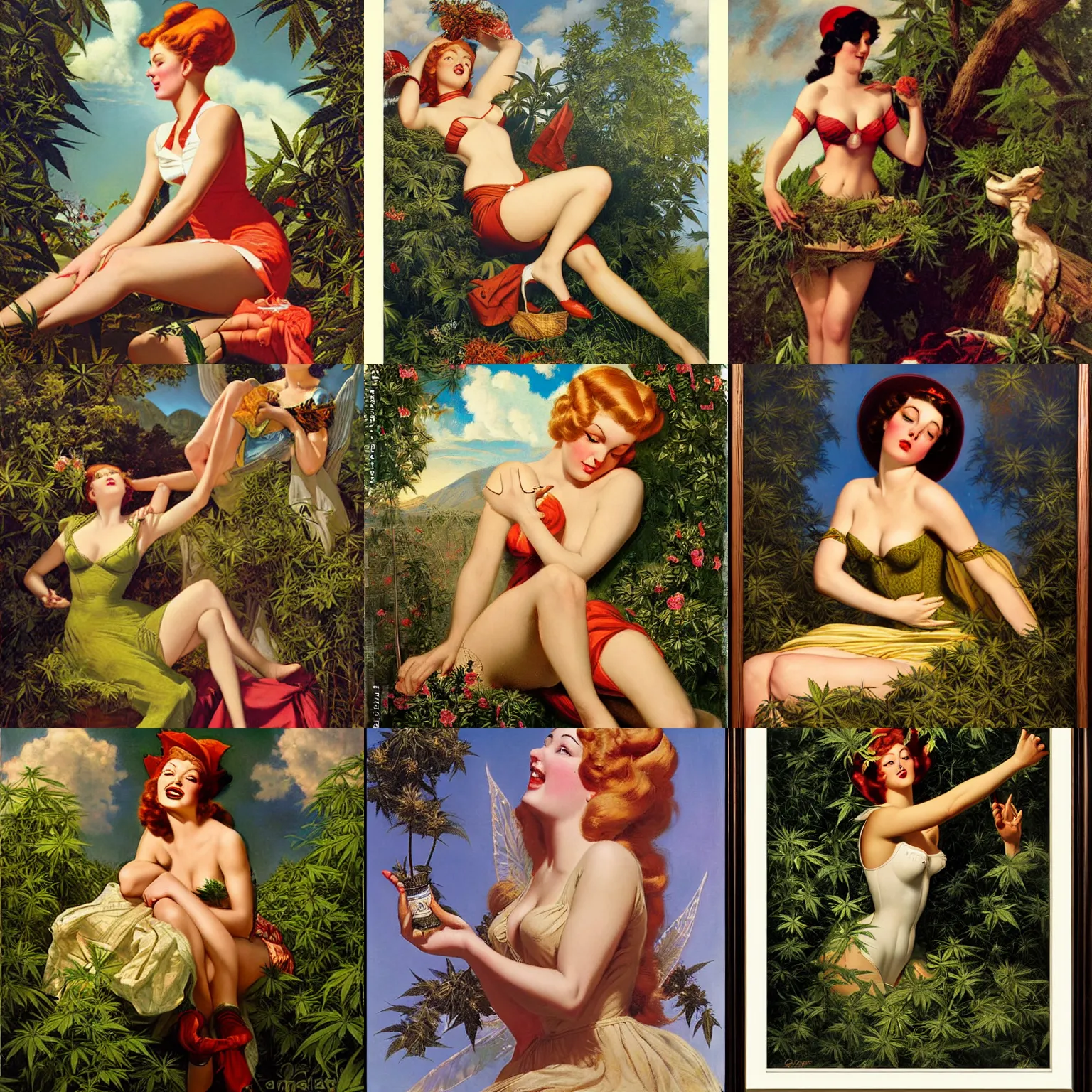 Prompt: the goddess Mary Jane by Gil elvgren, covered in weed