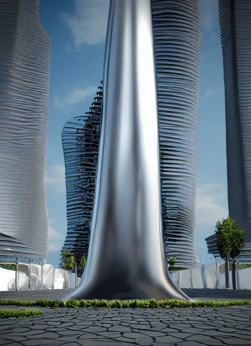 Image similar to highly detailed realistic architecture 3 d render of a huge high futuristic metallic stele sculpture in zaha hadid style standing in city park, archdaily, made in unreal engine 4