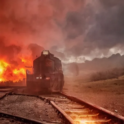 Image similar to trainwreck, devastation on the railroad, atmospheric smoke and fog, fire and flames, post-apocalyptic, Cinematic horror, high detail, 4k