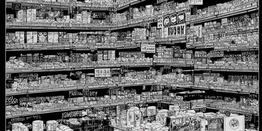 Image similar to a supermarket in hong kong, by dan mumford and peter doig and edward hopper, symmetrical, minimal, black ink, thick lines highly detailed, muted colours, overlaid with chinese adverts, 8 k