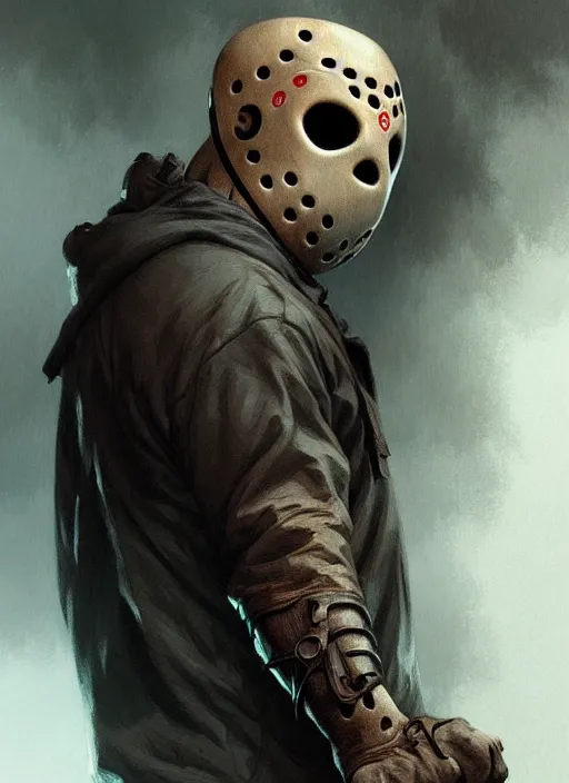 Prompt: jason voorhees, creepy, intricate, elegant, highly detailed, digital painting, artstation, concept art, smooth, sharp focus, illustration, art by artgerm and greg rutkowski and alphonse mucha