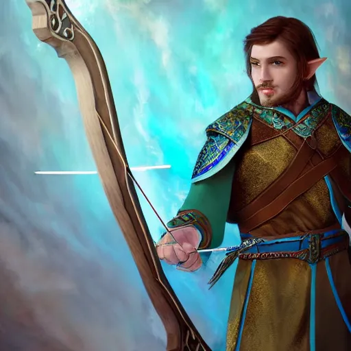 Prompt: Arrogant half elf ranger with shaggy brown hair and a teal tunic holding a magical crossbow emanating blue energy, fantasy art, portrait, cinematic lighting