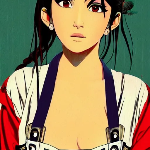 Image similar to a beautiful young japanese natalie portman alluring gravure model, anime art, wearing elegant designer overalls, elegant overalls with mesoamerican patterns, mesoamerican native street fashion, princess mononoke, painted by jamie hewlett and ashley wood, aesthetic, gorgeous, stunning, alluring, attractive, artstation, pinterest, digital art