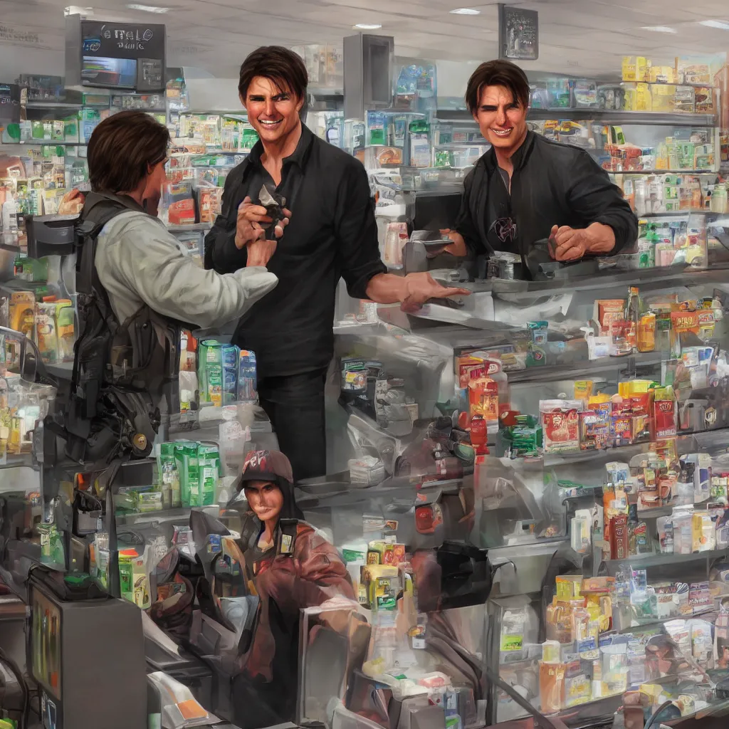 Prompt: Tom Cruise working as a 7/11 cashier, artstation, accurate, 8k, HD