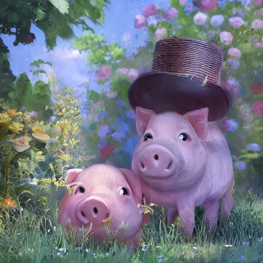 Image similar to cute and adorable miniature piggy pig2 wearing a cute hat on garden during a summer day, highly detailed, digital painting, artstation, concept art, smooth, sharp focus, illustration, art by yee chong and sydney hanson and rossdraws and greg rutkowski