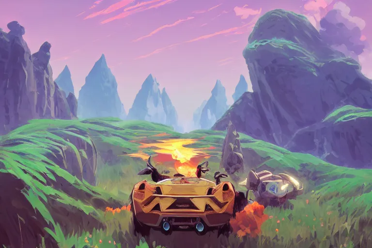 Prompt: the broken lamborghini zelda breath of the wild, in the style of studio ghibli and vicente segrelles, trending on artstation, back lighting tilt - shift cottagecore, abstract illusionism, movie poster, creature concept art, precisionism