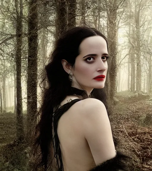 Image similar to 5 5 mm close up portrait photo of eva green as yennefer of vengerberg in black leather armor and long black fluff hair, in a forest. magical atmosphere. art by greg rutkowski. lifelike. very detailed 8 k. intricate. soft light. nikon d 8 5 0.