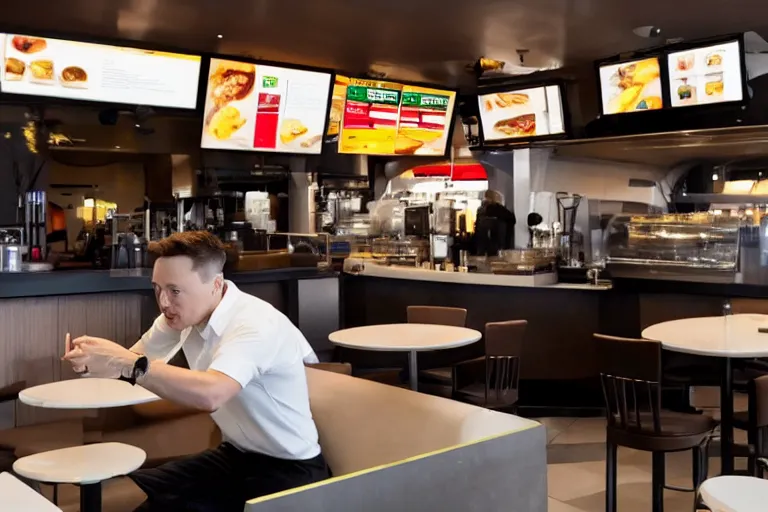 Image similar to elon musk ordering food in mcdonalds, 8k, hyperrealistic, high detail, cinematic lighting