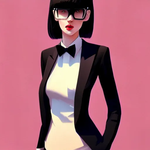 Image similar to young female in black tuxedo, corporate boss, luxury, muted colors, matte print, pastel colors, 2d, ultra highly detailed, smooth, sharp focus, digital art, digital painting, fan art, elegant, artstation, by Ilya Kuvshinov