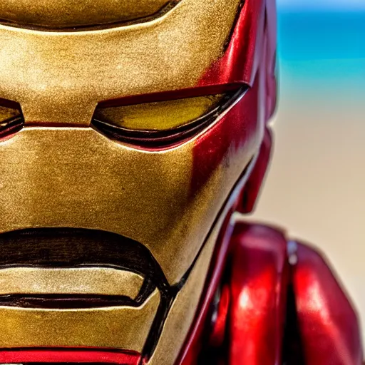 Image similar to a closeup photorealistic photograph of an iron man style tiki mug at a trader vic's beach bar featuring the face of iron man. tiki party. bright scene. fine detail. this 4 k hd image is trending on artstation, featured on behance, well - rendered, extra crisp, features intricate detail, epic composition and the style of unreal engine.