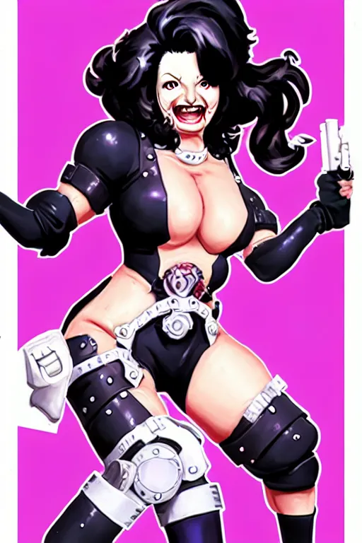 Prompt: fran drescher as screamstress, character design concept for overwatch and my hero academia, illustration in the style of hirohiko araki and shoji kawamori.