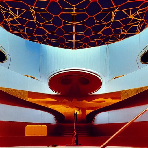 Image similar to interior of a futuristic organic temple with gold, red and white marble panels, in the desert, by buckminster fuller and syd mead, intricate contemporary architecture, photo journalism, photography, cinematic, national geographic photoshoot