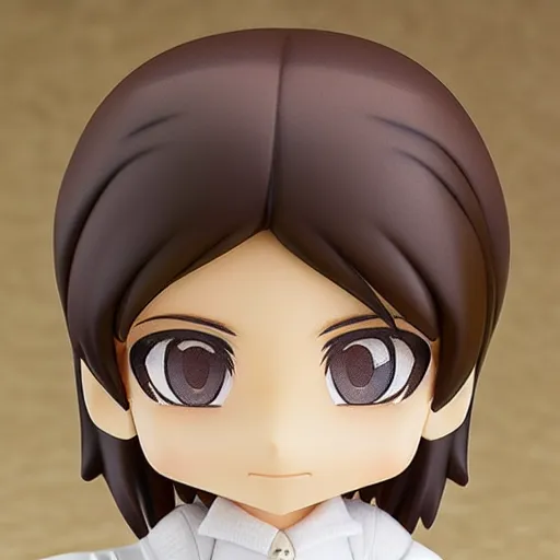 Image similar to nendoroid of a white girl with long dark brown hair shaved on the sides, brown eyes and thick eyebrows