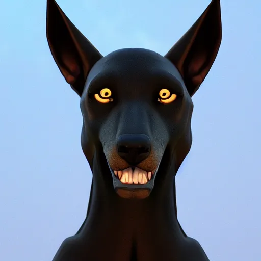 Image similar to portrait of anubis, black doberman face, angry look, ready for battle, masterpiece, mattepainting concept blizzard pixar maya engine on cold night stylized background splash comics global illumination lighting artstation by samwise didier