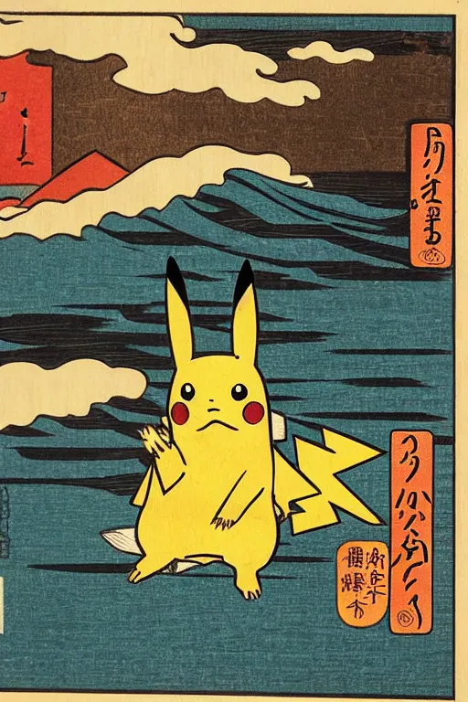 Image similar to Surfing Pikachu, Japanese ukiyo-e ukiyo-ye woodblock print, by Moronobu