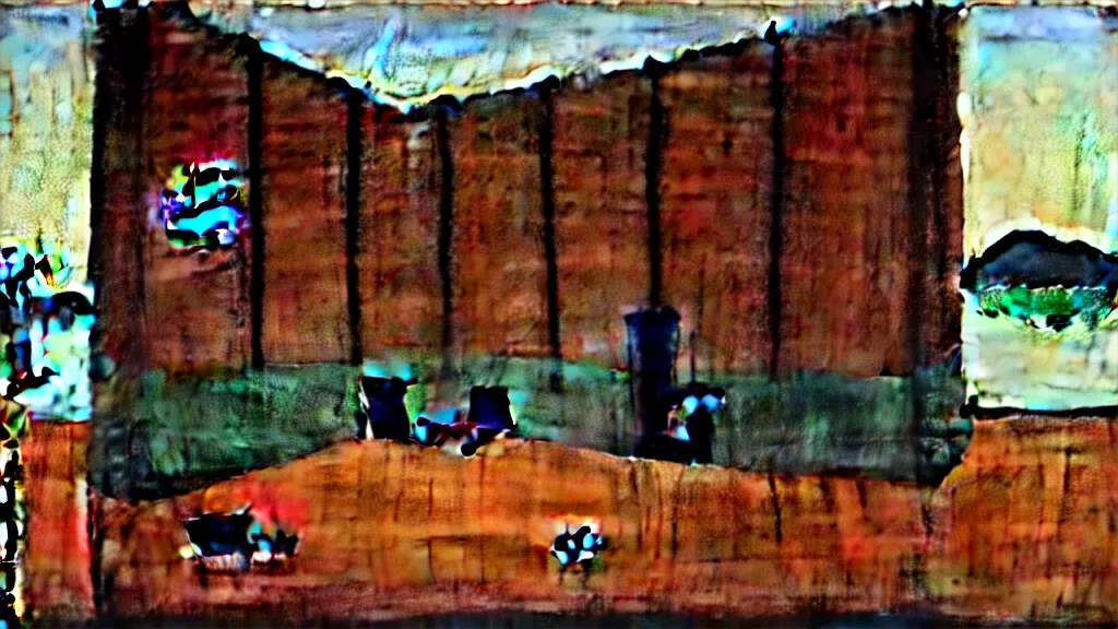 Image similar to a chinese prison near a river by peter doig, muted colors