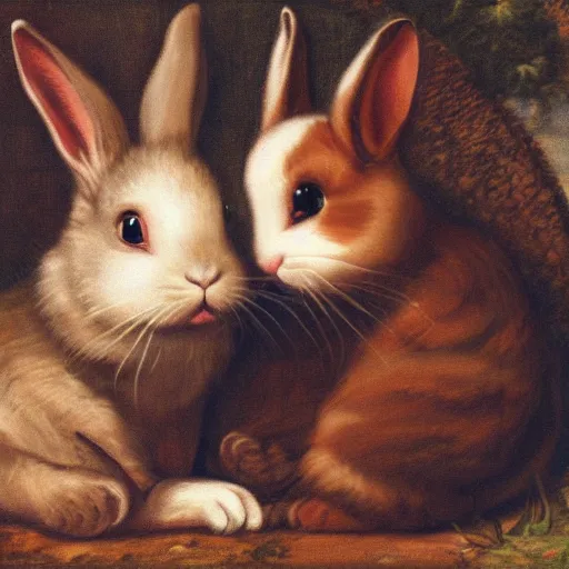 Prompt: two rabbits and a cat snuggling, titian, 4 k