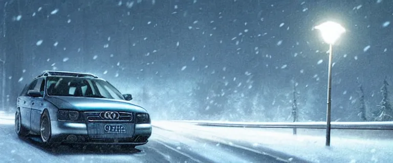 Image similar to Audi A4 B6 Avant (2002), a gritty neo-noir, Robot horror, dramatic bright lighting, cinematic, establishing shot, extremely high detail, photorealistic, cinematic lighting, artstation, by simon stalenhag, Snowy italian road, Snowy Apennines, At night, Poets of the Fall - Late Goodbye