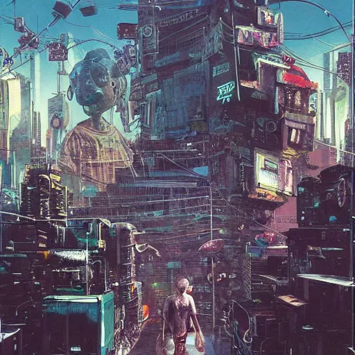 Image similar to a hyperrealistic painting of a cyberpunk city with cyborg pepe the frog walking through portals and robotic aliens, flying cars, cinematic horror by chris cunningham, richard corben, highly detailed, vivid color, beksinski painting, part by adrian ghenie and gerhard richter. art by takato yamamoto. masterpiece