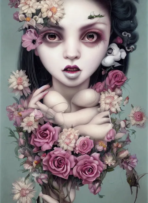 Prompt: pop surrealism, lowbrow art, realistic seductive cute woman painting, japanese shibari with flowers, hyper realism, muted colours, rococo, natalie shau, loreta lux, tom bagshaw, mark ryden, trevor brown style,