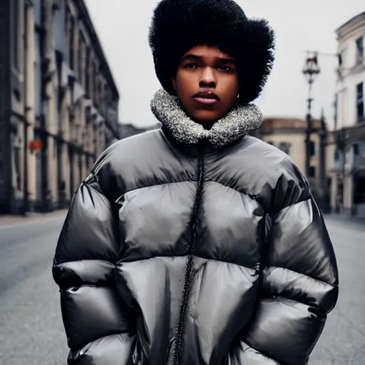 Image similar to realistic photoshooting for a new balenciaga lookbook color film photography portrait of a beautiful woman model, model wears a puffer jacket, photo in style of tyler mitchell, wes anderson, ssense