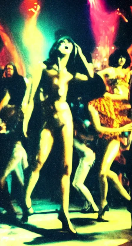 Image similar to the Antichrist dancing at Studio 54, disco, saturated color, high contrast, depth of field, 1976, bad vhs