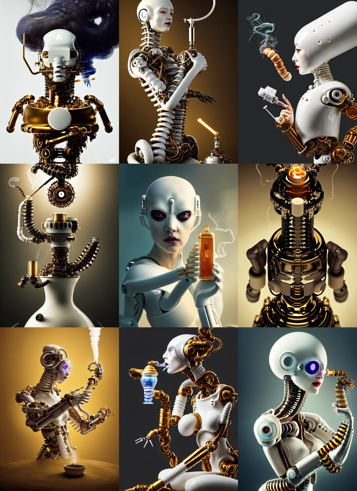 Prompt: transhuman white porcelain millipede edm cyborg smoking elaborate tar bong | ornate | glamorous oily soft polished rich enticing ornate modern | weta disney pixar movie still photo | hi - fructose, sci fi fantasy, golden ratio details, smooth, octane render, sharp focus, artstation, concept art | beeple, feng zhu, mucha, rutkowski |